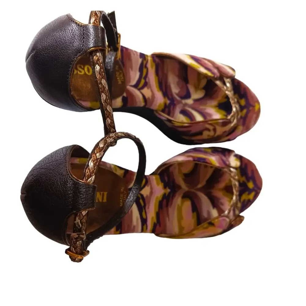 MISSONI Colorful Velvet Heel Sandal 35 High Wedge Ankle Straps Purple Green Gold